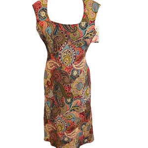 Y2K Vintage David Warren Paisley Shift Dress 8 Square Neck Sleeveless Brown 8